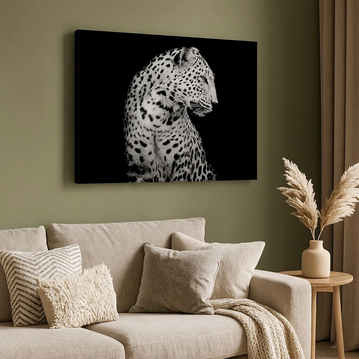 Tablou pe pânză Canvas - Imagine alb-negru a unui leopard pe fundal negru - 70x50cm - Profilul drept perfect! - Decorațiune modernă pentru perete pentru living și dormitor ARTTOR
