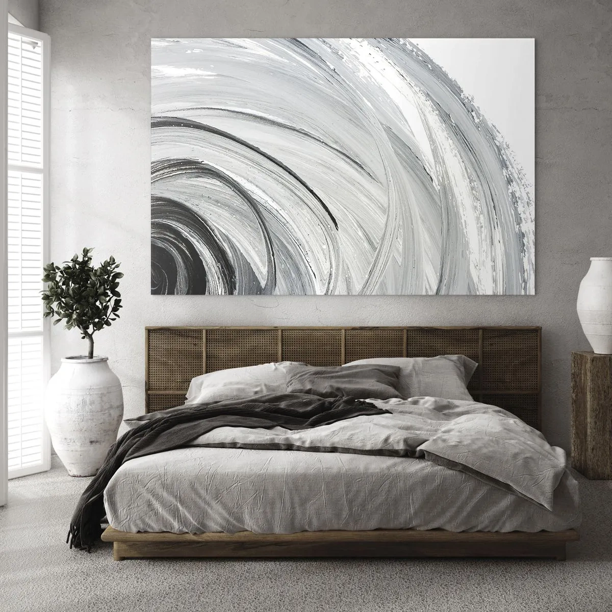 Tablou pe sticlă - O spirală alb-negru cu tușe dinamice de pensulă. - 70x50cm - Compoziție orbitală - Decorațiune modernă pentru perete pentru living și dormitor ARTTOR
