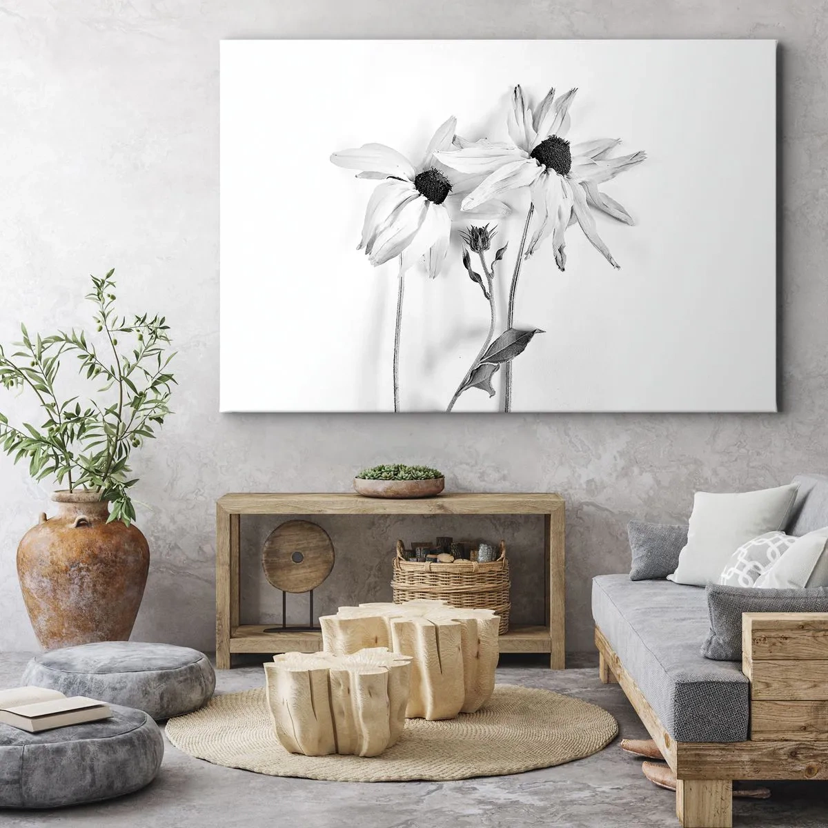 Tablou pe pânză Canvas - Flori alb-negre cu o compoziție subtilă - 70x50cm - Nimeni nu vrea să fie singur - Decorațiune modernă pentru perete pentru living și dormitor ARTTOR