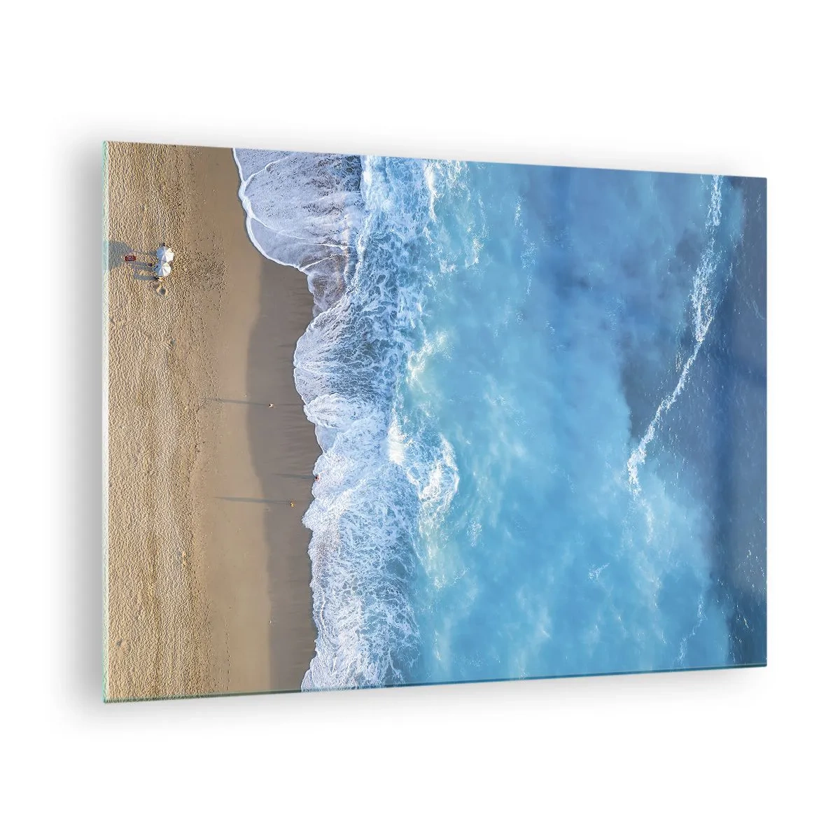Tablou pe sticlă - Vedere aeriană a plajei și a valurilor care se sparg - 70x50cm - Puterea albastrului - Decorațiune modernă pentru perete pentru living și dormitor ARTTOR