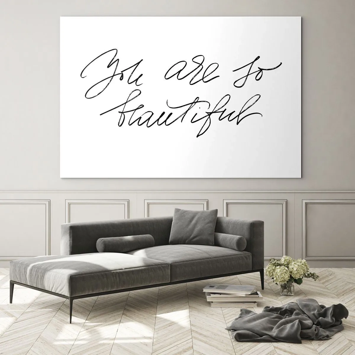 Tablou pe sticlă - Citatul „Ești atât de frumoasă” într-un stil caligrafic elegant - 70x50cm - Serios, crede-mă... - Decorațiune modernă pentru perete pentru living și dormitor ARTTOR