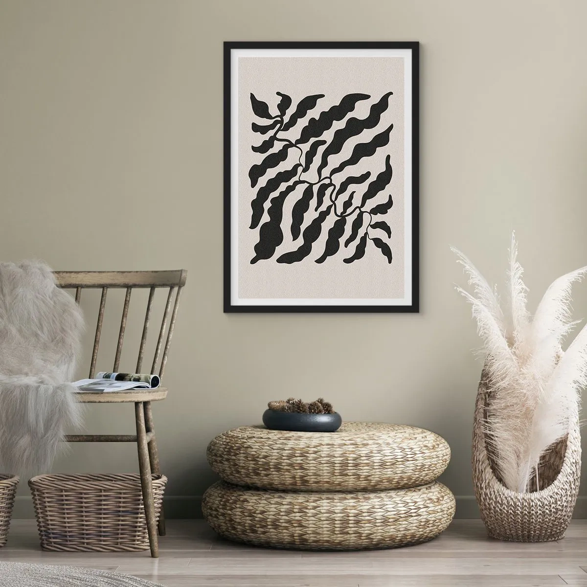 Poster în ramă neagră - Compoziție vegetală abstractă în negru pe fundal bej - 50x70cm - Natura pătratului - Decorațiune modernă pentru perete pentru living și dormitor ARTTOR
