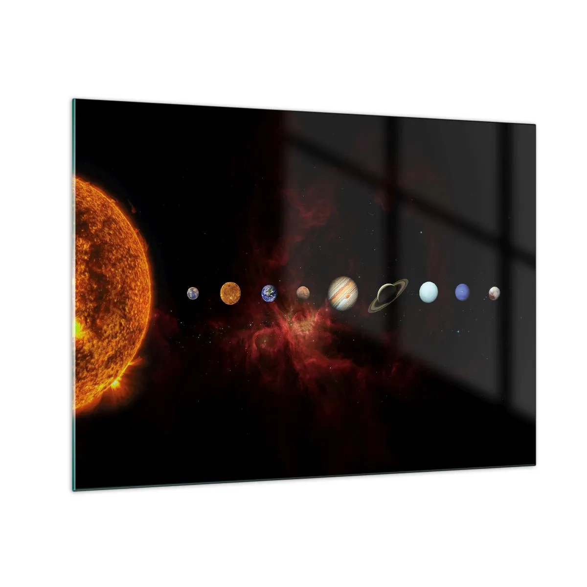 Tablou pe sticlă - Sistem planetar cu Soarele pe fundal negru - 70x50cm - Cartierul nostru - Decorațiune modernă pentru perete pentru living și dormitor ARTTOR