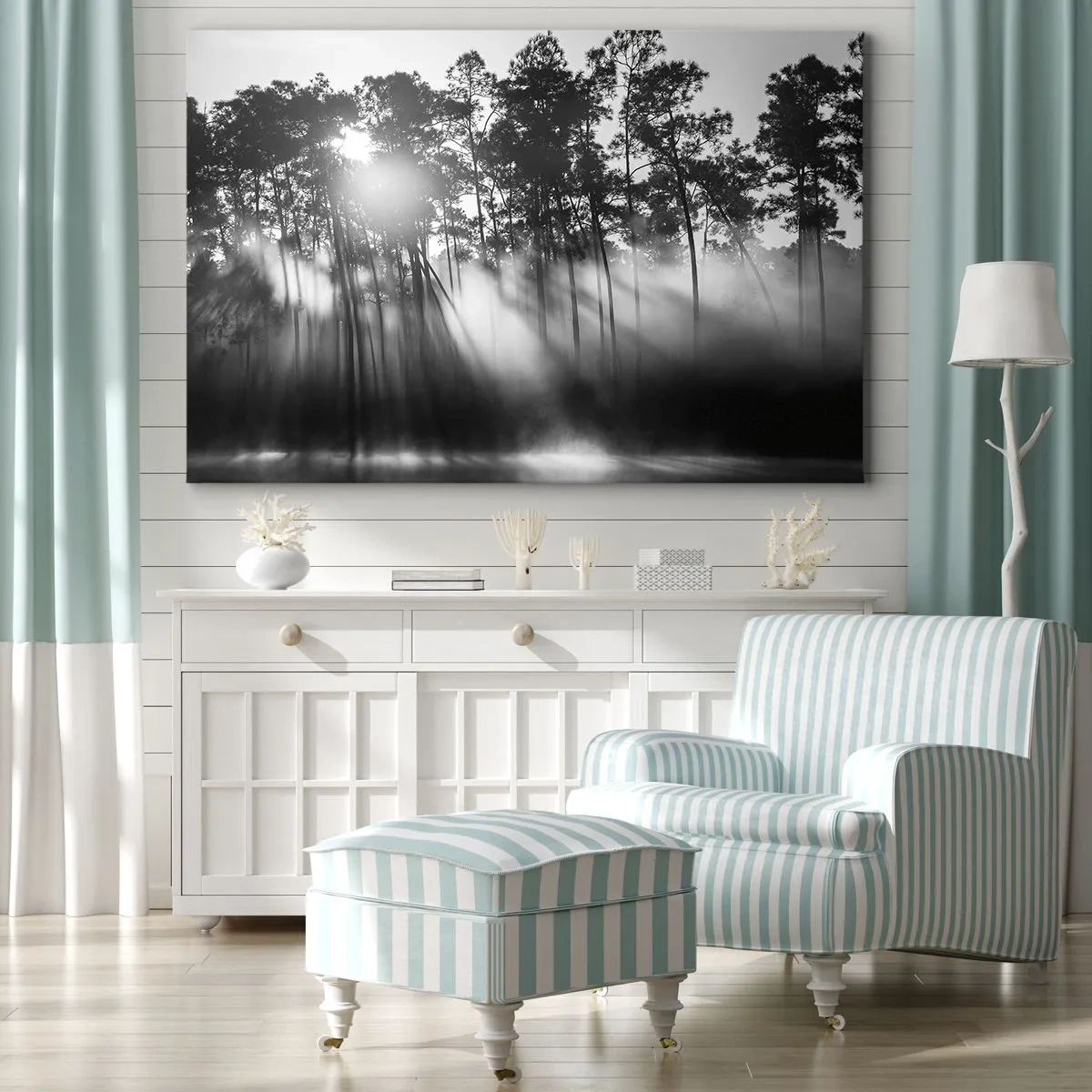 Tablou pe pânză Canvas - Pădure alb-neagră în ceața dimineții - 70x50cm - Soare de neoprit - Decorațiune modernă pentru perete pentru living și dormitor ARTTOR