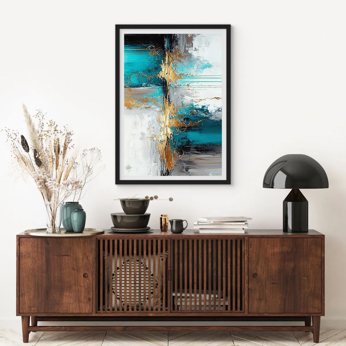 Poster în ramă neagră - O compoziție abstractă în nuanțe de turcoaz și auriu. - 50x70cm - Totul curge - Decorațiune modernă pentru perete pentru living și dormitor ARTTOR