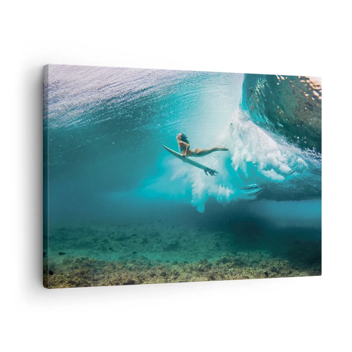Tablou pe pânză Canvas - Surfer sub un val în apa albastră a oceanului - 70x50cm - Lumea subacvatică - Decorațiune modernă pentru perete pentru living și dormitor ARTTOR