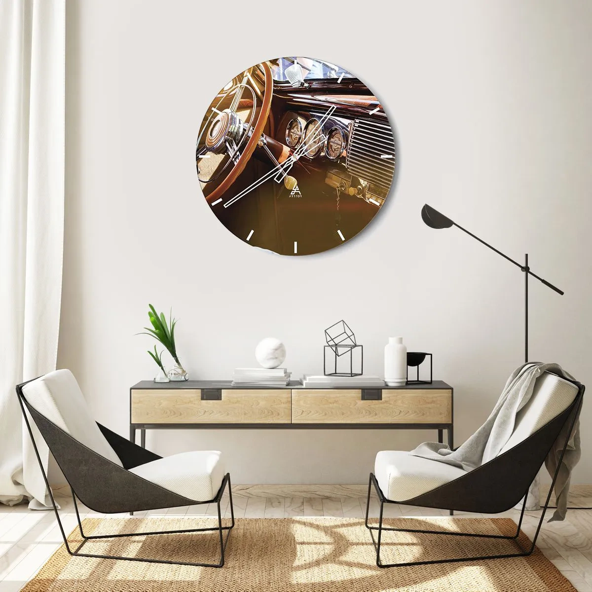 Ceas de perete - Ceas pe sticlă - Interiorul unei mașini clasice cu ornamente din lemn - 30x30cm - O adiere de lux din trecut - Decorațiune modernă pentru perete pentru living, bucătărie și dormitor ARTTOR