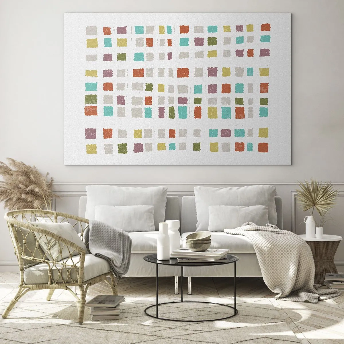 Tablou pe sticlă - Mozaic colorat de pătrate pe fundal alb într-un stil abstract - 70x50cm - Joc necunoscut - Decorațiune modernă pentru perete pentru living și dormitor ARTTOR