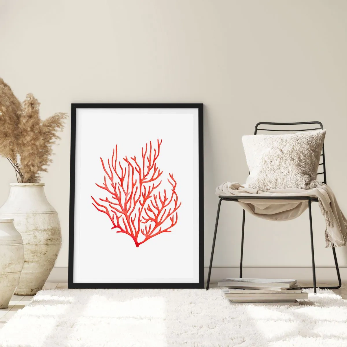 Poster în ramă neagră - Coral roșu pe fundal alb, în stil minimalist - 50x70cm - Coral filigranat - Decorațiune modernă pentru perete pentru living și dormitor ARTTOR