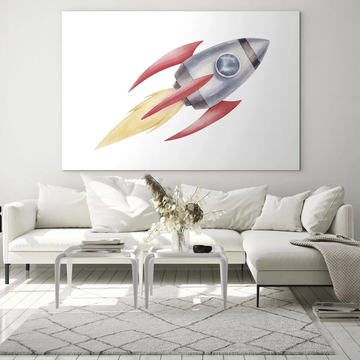 Tablou pe sticlă - O rachetă colorată zboară prin spațiu - 70x50cm - Mai sus, mai repede, mai departe - Decorațiune modernă pentru perete pentru living și dormitor ARTTOR