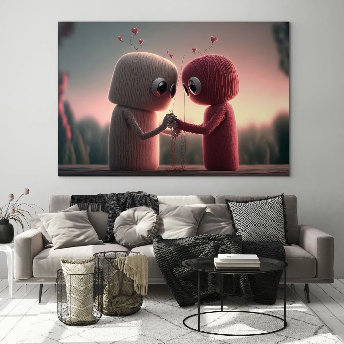 Tablou pe sticlă - Două figurine din fire de lână ținându-se de mână cu inimioare - 70x50cm - Toată lumea are voie să iubească - Decorațiune modernă pentru perete pentru living și dormitor ARTTOR