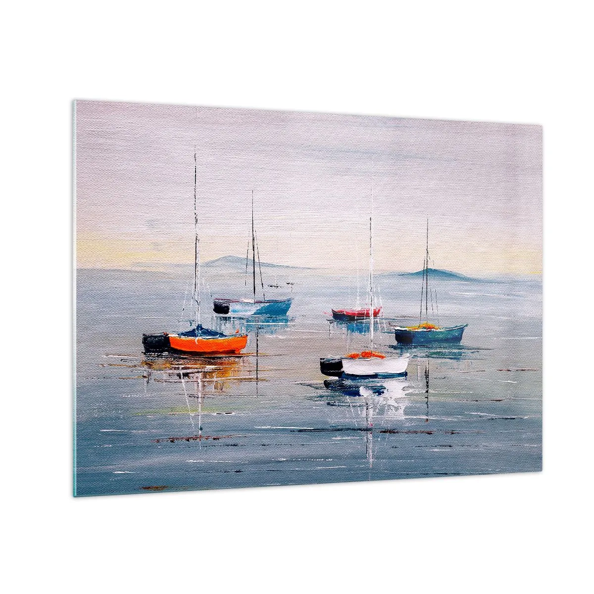 Tablou pe sticlă - Bărci colorate plutind pe apa calmă la apus - 70x50cm - O odihnă binemeritată - Decorațiune modernă pentru perete pentru living și dormitor ARTTOR