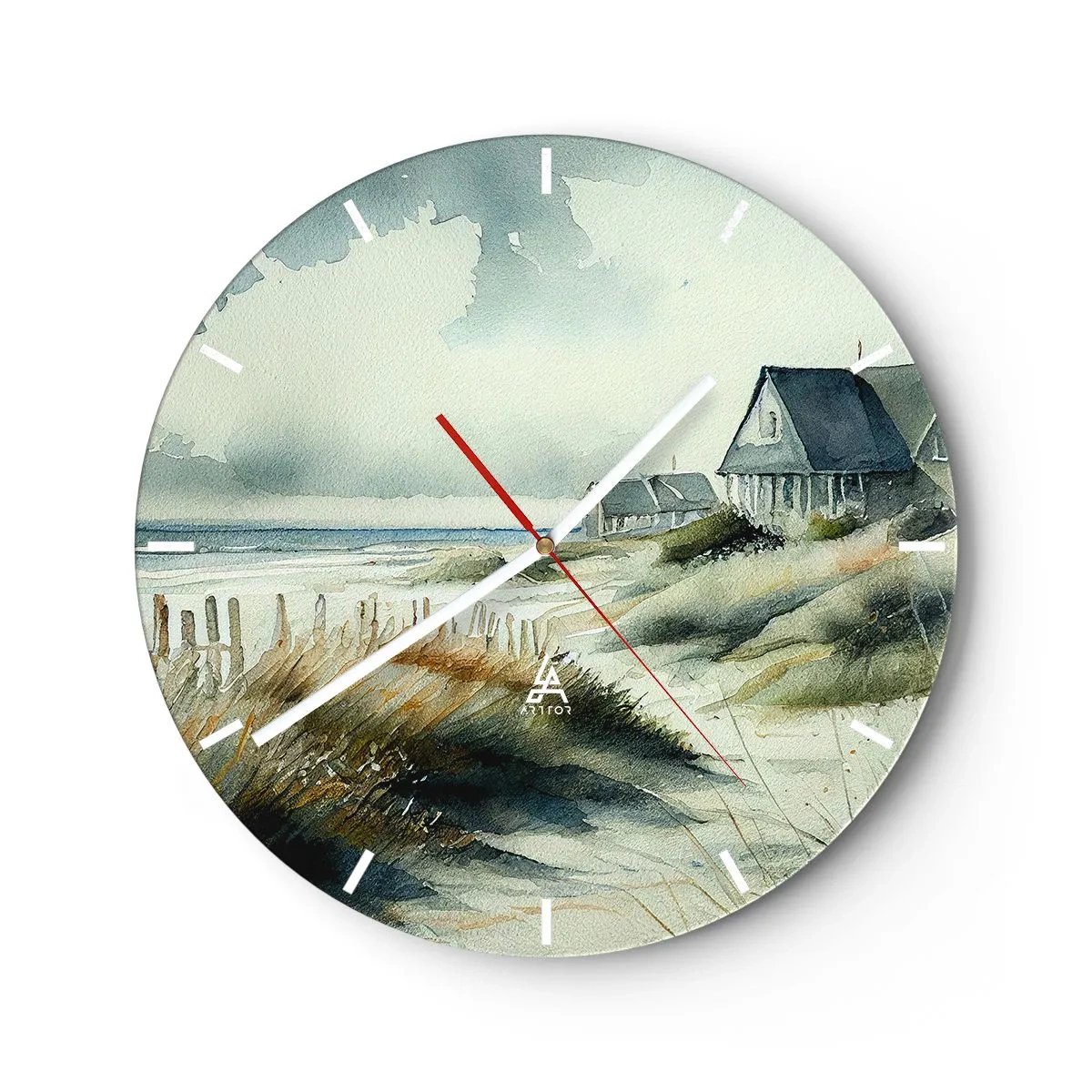 Ceas de perete - Ceas pe sticlă - Case în stil acuarelă pe dune, pe o coastă calmă - 30x30cm - Departe de agitație - Decorațiune modernă pentru perete pentru living, bucătărie și dormitor ARTTOR