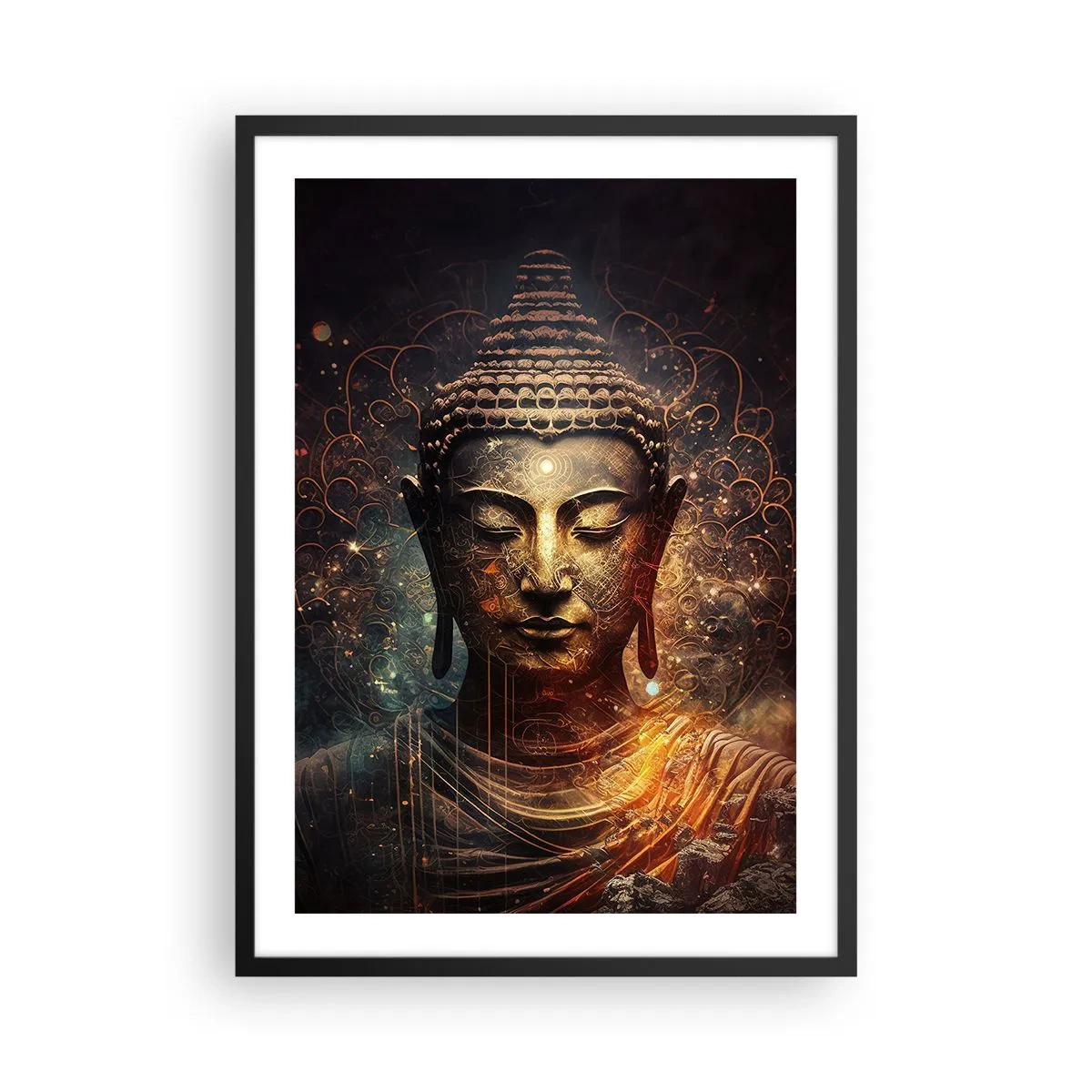 Poster în ramă neagră - Imagine mistică a lui Buddha în nuanțe aurii - 50x70cm - Echilibru spiritual - Decorațiune modernă pentru perete pentru living și dormitor ARTTOR