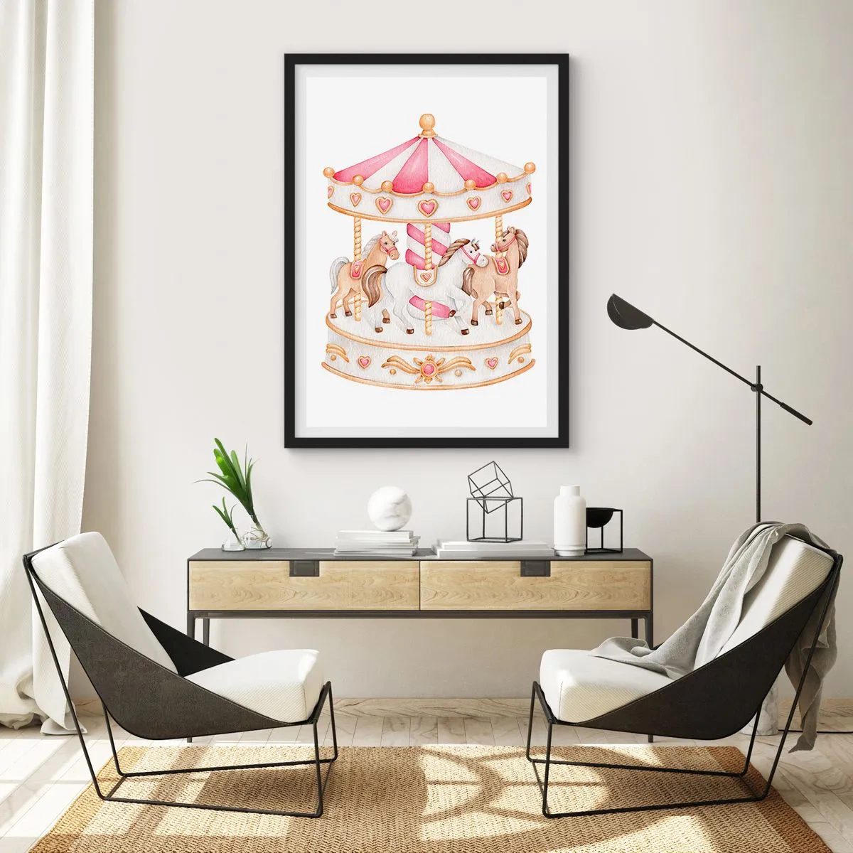 Poster în ramă neagră - Carusel în acuarelă în nuanțe pastelate de roz - 50x70cm - Lumea dulce a copilăriei - Decorațiune modernă pentru perete pentru living și dormitor ARTTOR