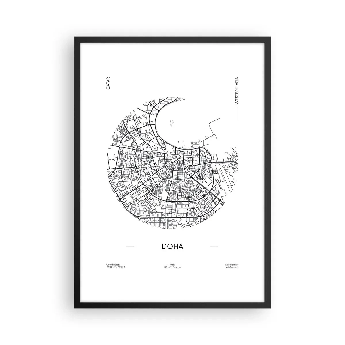 Poster în ramă neagră - O hartă minimalistă alb-negru a orașului Doha - 50x70cm - Anatomia orașului Doha - Decorațiune modernă pentru perete pentru living și dormitor ARTTOR