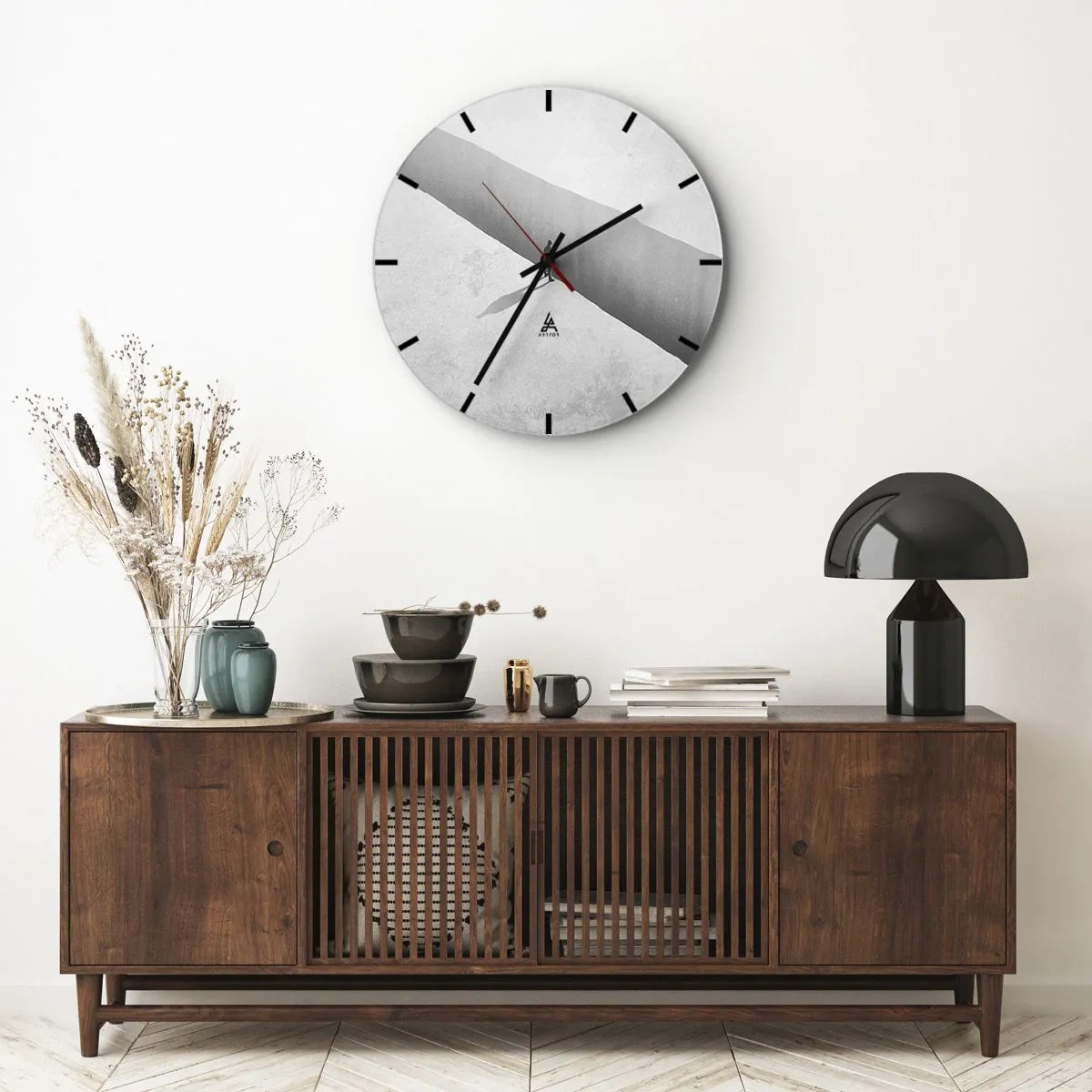 Ceas de perete - Ceas pe sticlă - O siluetă minimalistă a unei figuri într-o perspectivă luminoasă - 30x30cm - Obiectiv clar - Decorațiune modernă pentru perete pentru living, bucătărie și dormitor ARTTOR