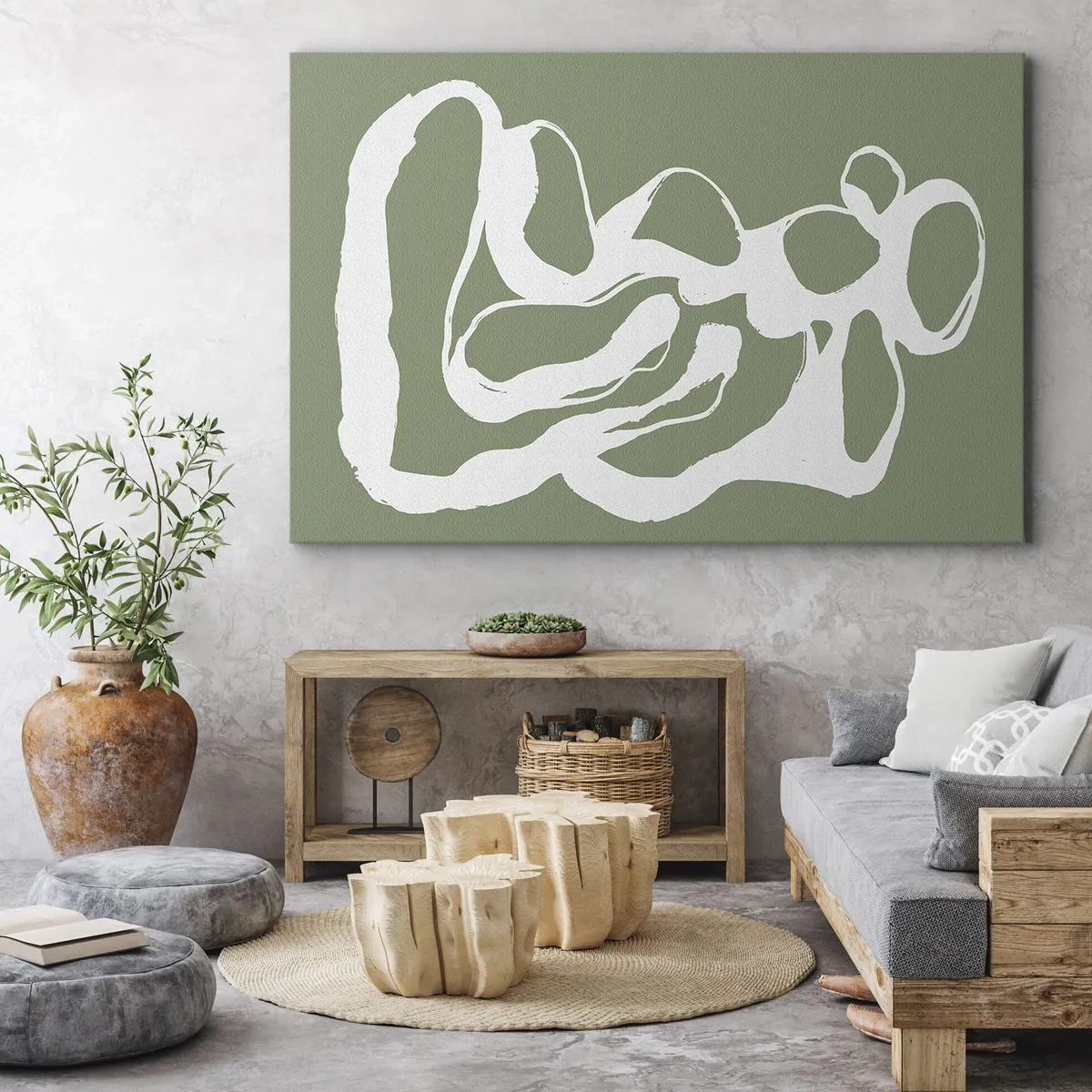 Tablou pe pânză Canvas - Forme organice în alb pe fundal verde - 70x50cm - Chemarea spațiului - Decorațiune modernă pentru perete pentru living și dormitor ARTTOR