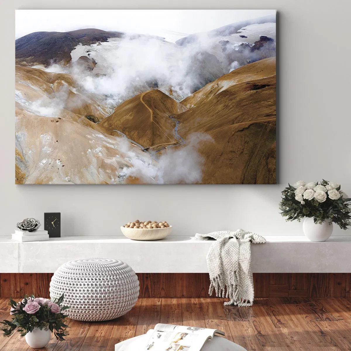 Tablou pe pânză Canvas - Un peisaj montan cu abur într-un climat aspru - 70x50cm - Frumusețea sălbatică a Islandei - Decorațiune modernă pentru perete pentru living și dormitor ARTTOR