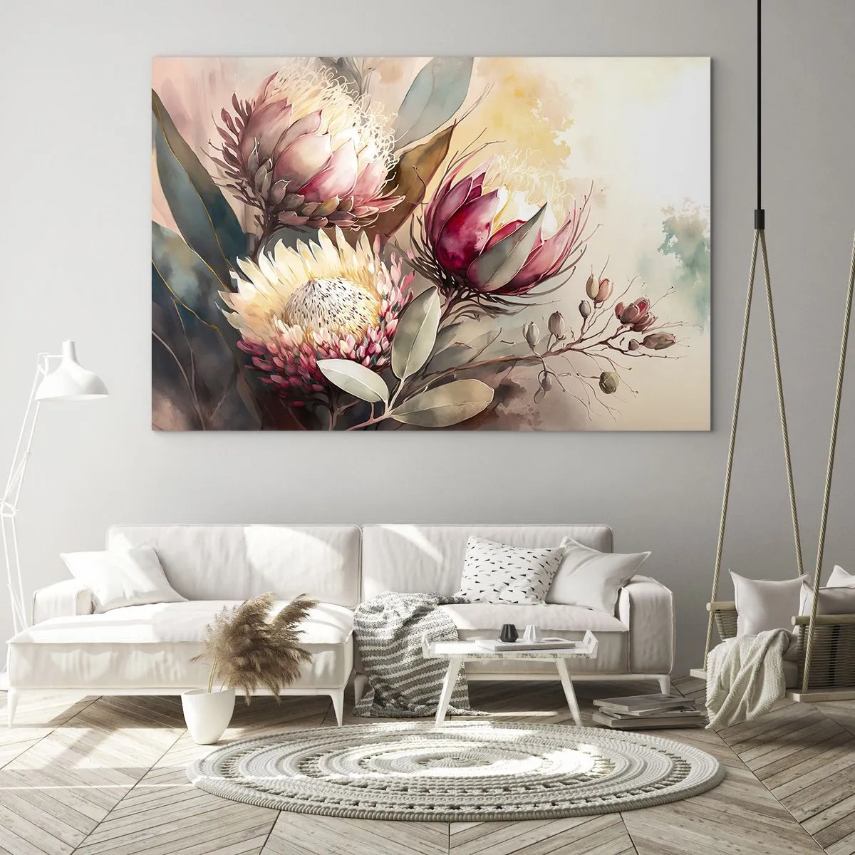 Tablou pe sticlă - Flori de Protea în culori pastelate pe un fundal artistic - 70x50cm - Profil și en face - Decorațiune modernă pentru perete pentru living și dormitor ARTTOR