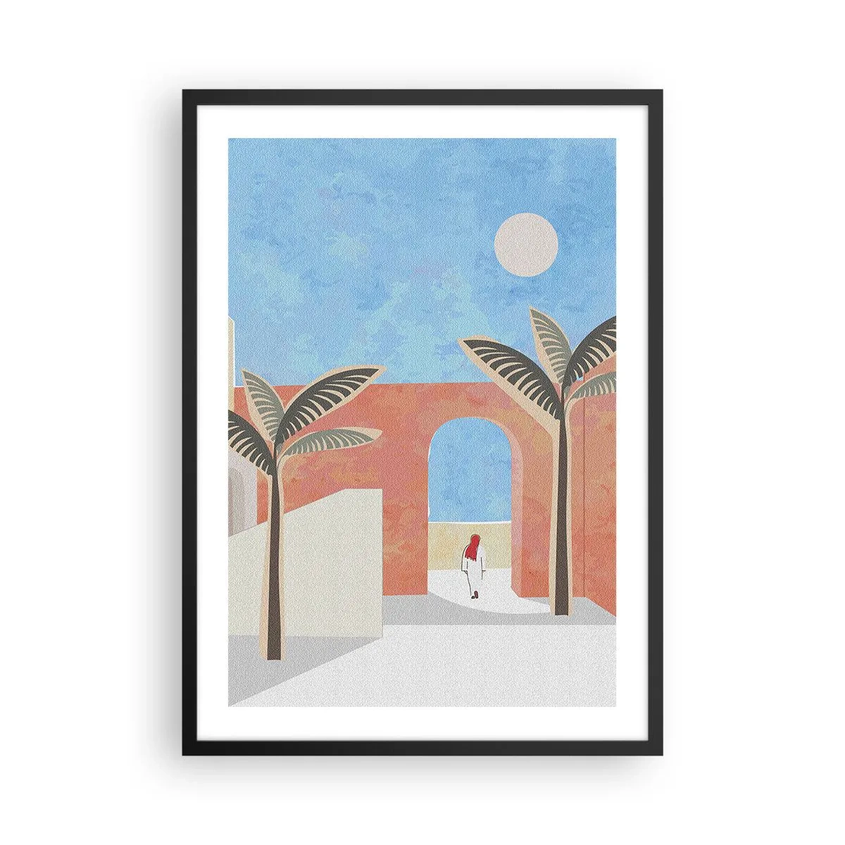 Poster în ramă neagră - Peisaj minimalist cu palmieri și un arc - 50x70cm - O zi arabă - Decorațiune modernă pentru perete pentru living și dormitor ARTTOR