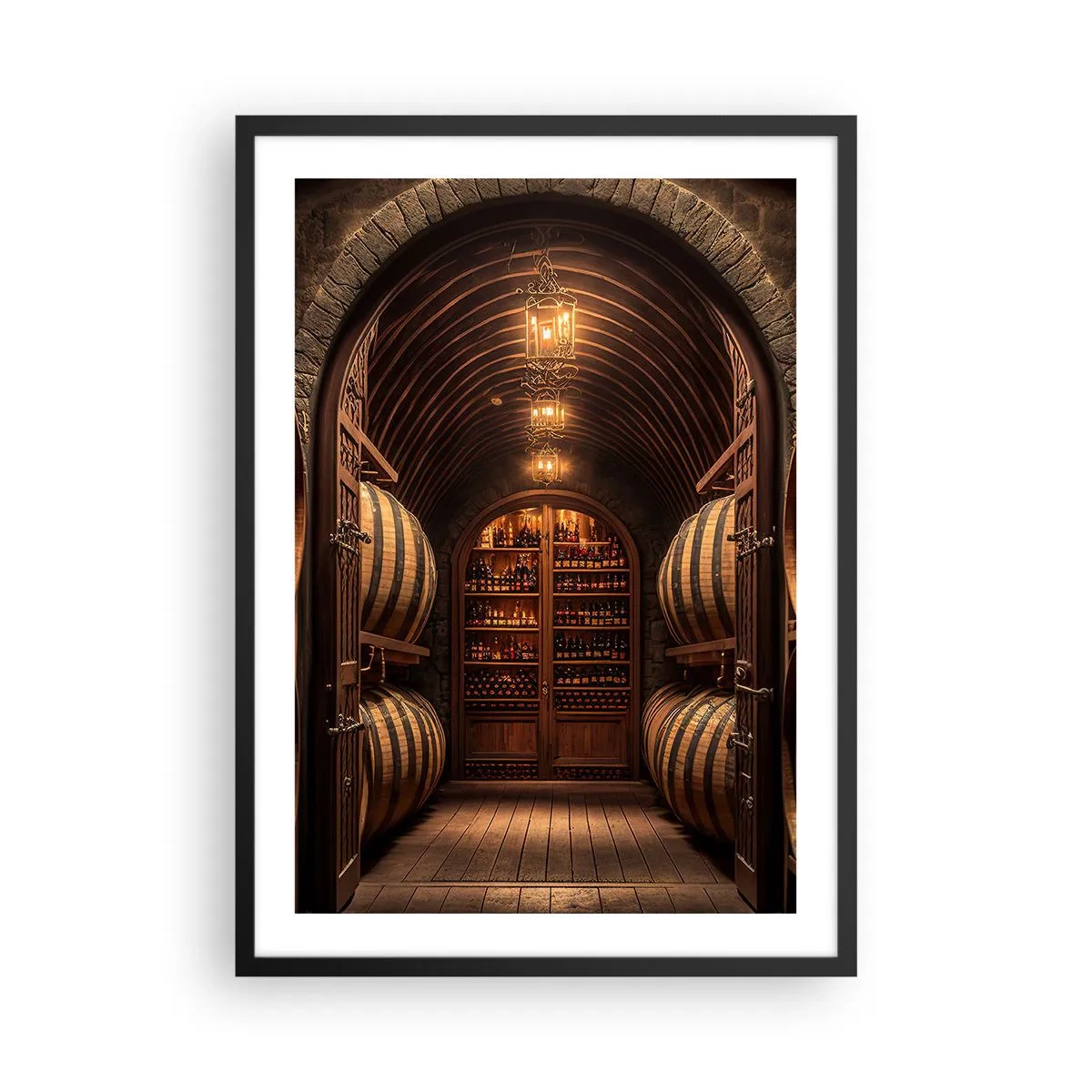 Poster în ramă neagră - Cramă elegantă cu butoaie de lemn - 50x70cm - Beciul cu atmosferă - Decorațiune modernă pentru perete pentru living și dormitor ARTTOR