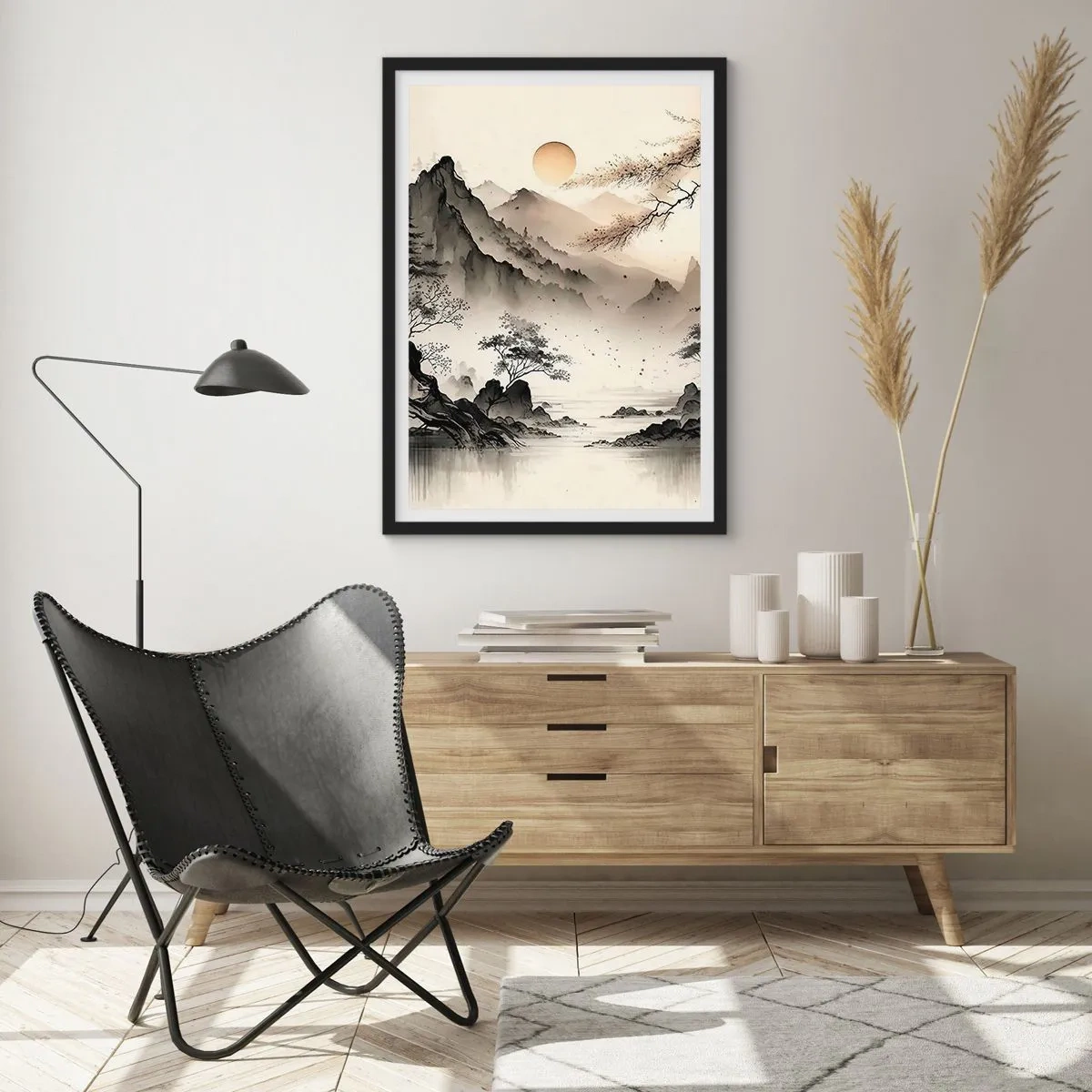 Poster în ramă neagră - Un peisaj montan minimalist în stil japonez - 50x70cm - Farmecul unic al Orientului - Decorațiune modernă pentru perete pentru living și dormitor ARTTOR