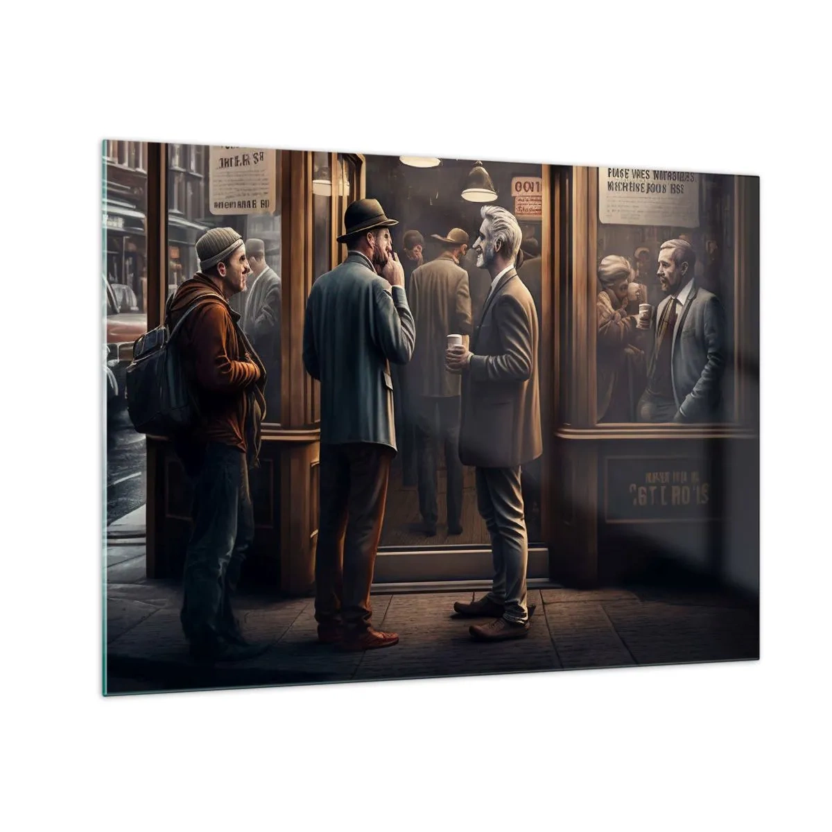 Tablou pe sticlă - Bărbați care discută în fața unei cafenele într-un cadru urban retro - 70x50cm - Cel mai bun moment al zilei - Decorațiune modernă pentru perete pentru living și dormitor ARTTOR