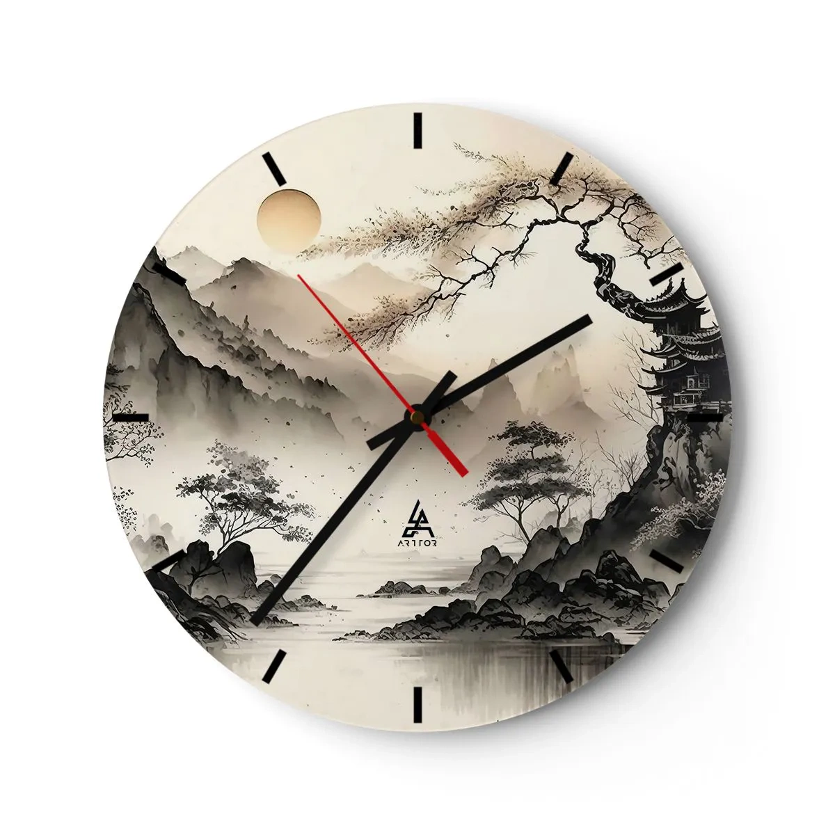 Ceas de perete - Ceas pe sticlă - Pictură în cerneală chinezească reprezentând un peisaj montan cu o pagodă și o vale încețoșată - 30x30cm - Farmecul unic al Orientului - Decorațiune modernă pentru perete pentru living, bucătărie și dormitor ARTTOR