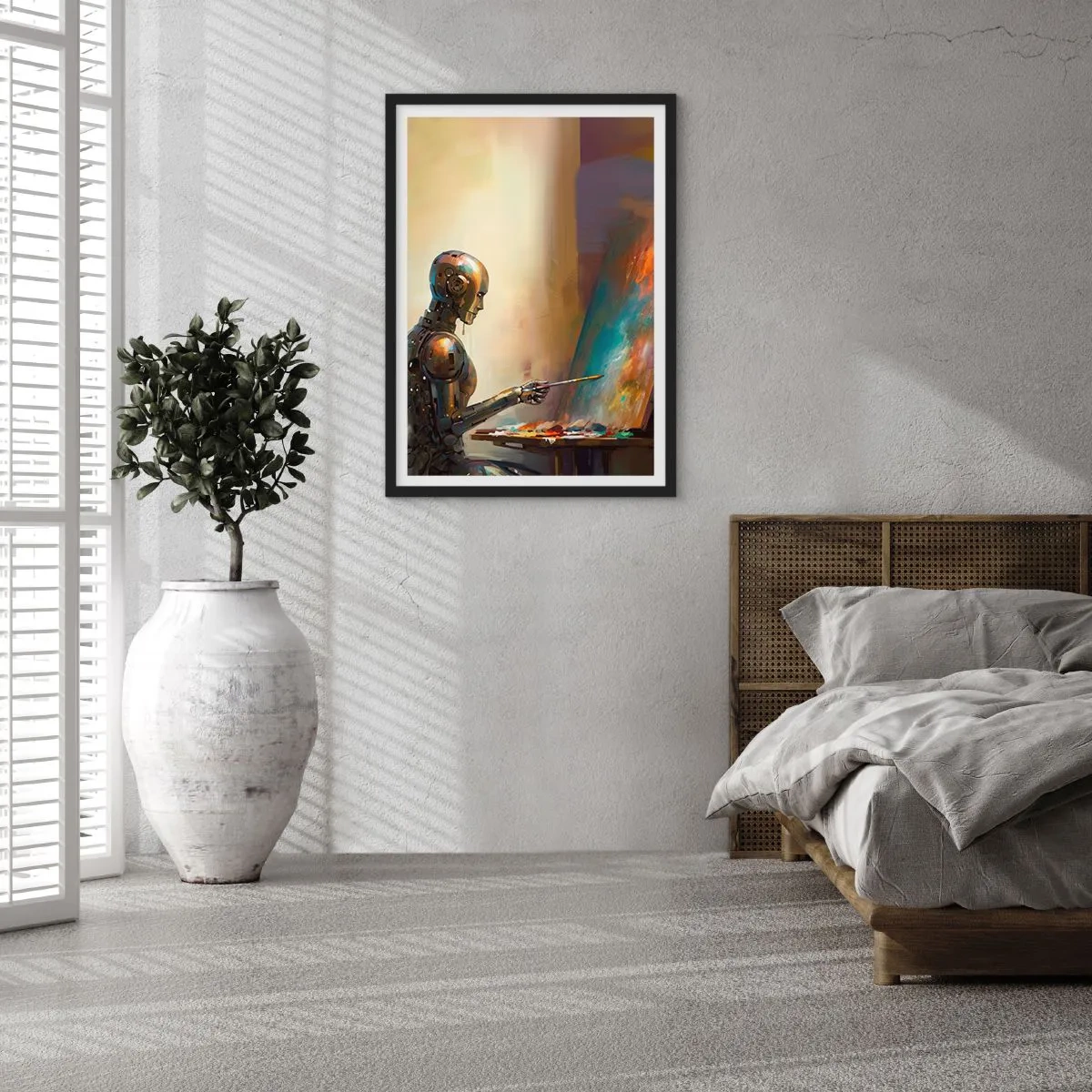 Poster în ramă neagră - Pictor robot la un șevalet în stil futurist - 50x70cm - Arta viitorului - Decorațiune modernă pentru perete pentru living și dormitor ARTTOR