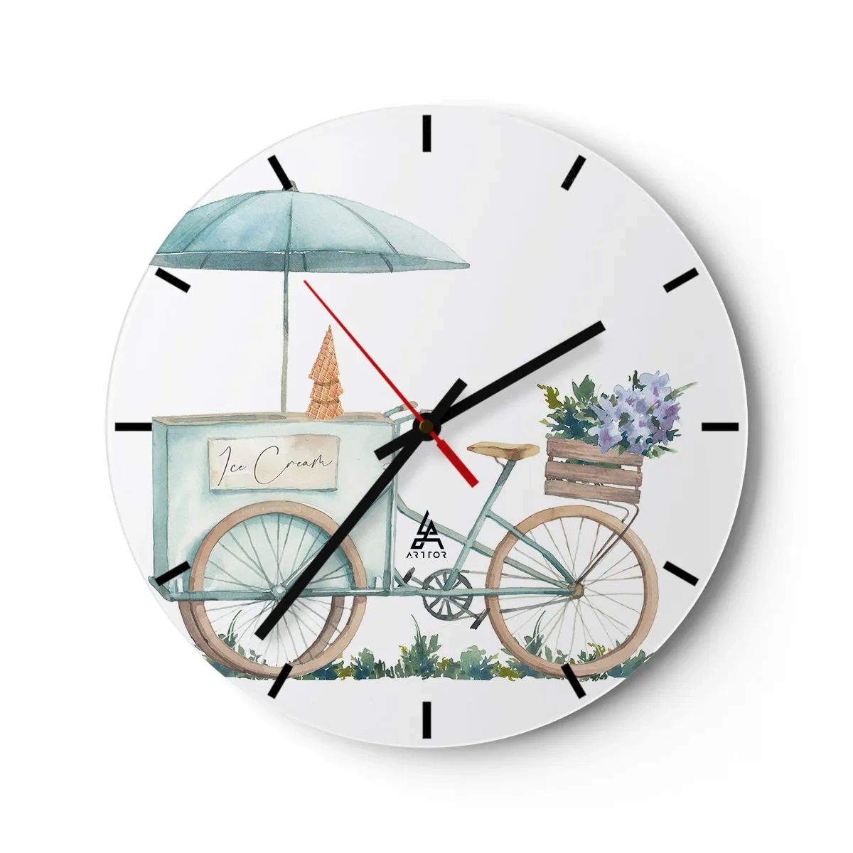 Ceas de perete - Ceas pe sticlă - O bicicletă cu înghețată și flori în acuarelă pastelată - 30x30cm - O dulce amintire de vară - Decorațiune modernă pentru perete pentru living, bucătărie și dormitor ARTTOR