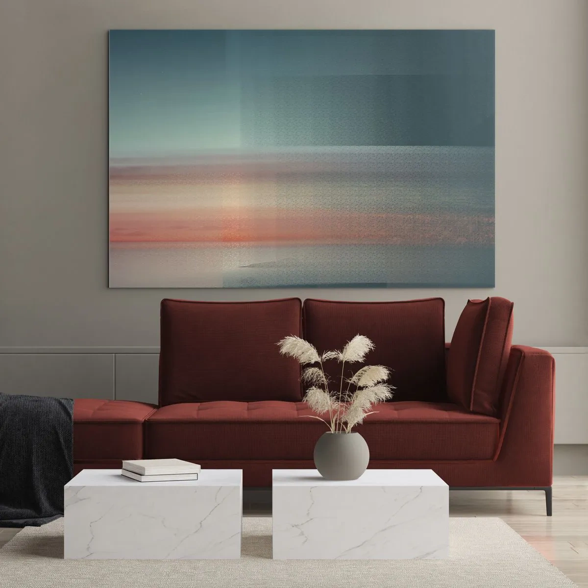 Tablou pe sticlă - O abstracție pastelată care amintește de undele de lumină la apus. - 70x50cm - Abstracție: unde de lumină - Decorațiune modernă pentru perete pentru living și dormitor ARTTOR