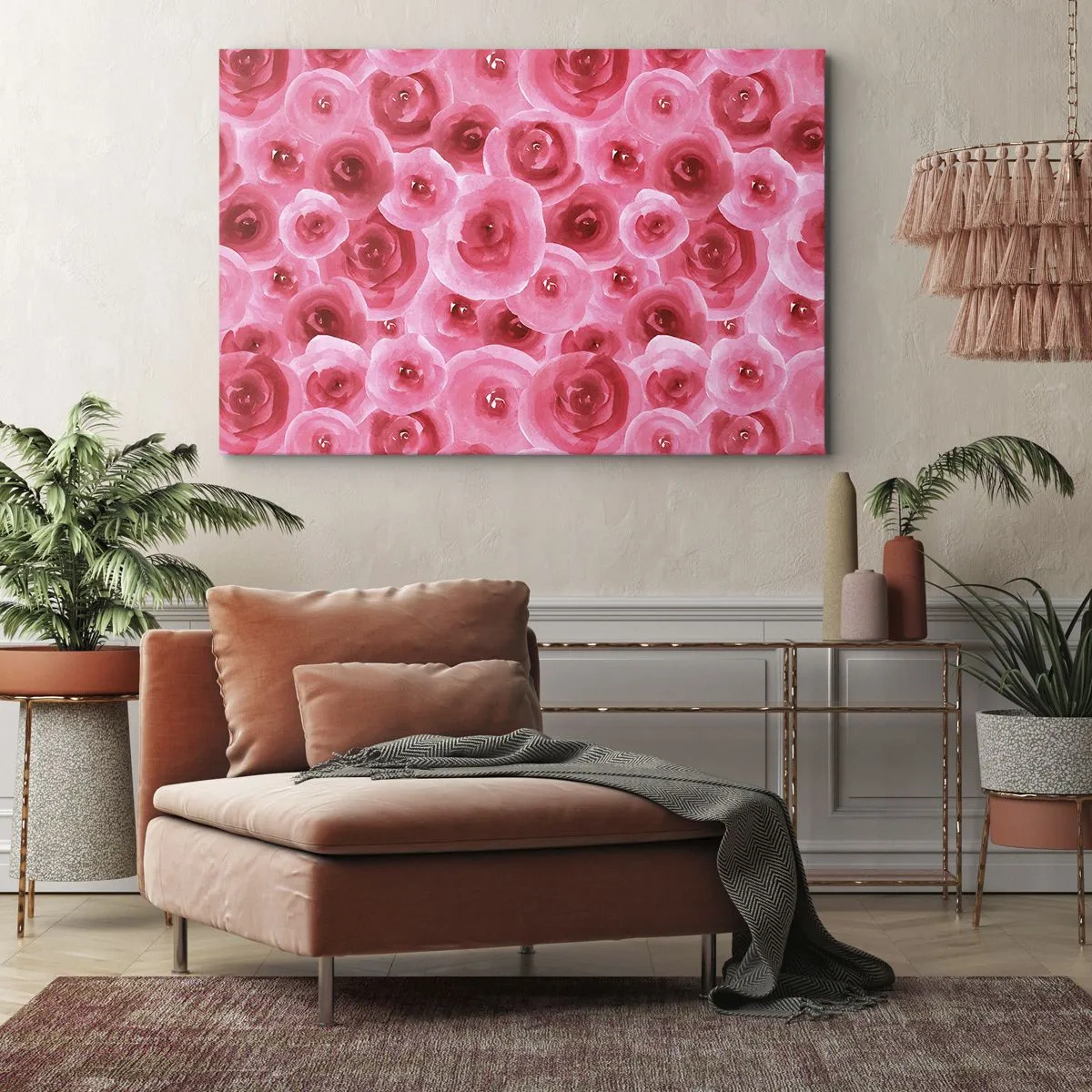 Tablou pe pânză Canvas - Trandafiri delicați în nuanțe pastelate de roz - 70x50cm - Trandafiri de sus în jos - Decorațiune modernă pentru perete pentru living și dormitor ARTTOR