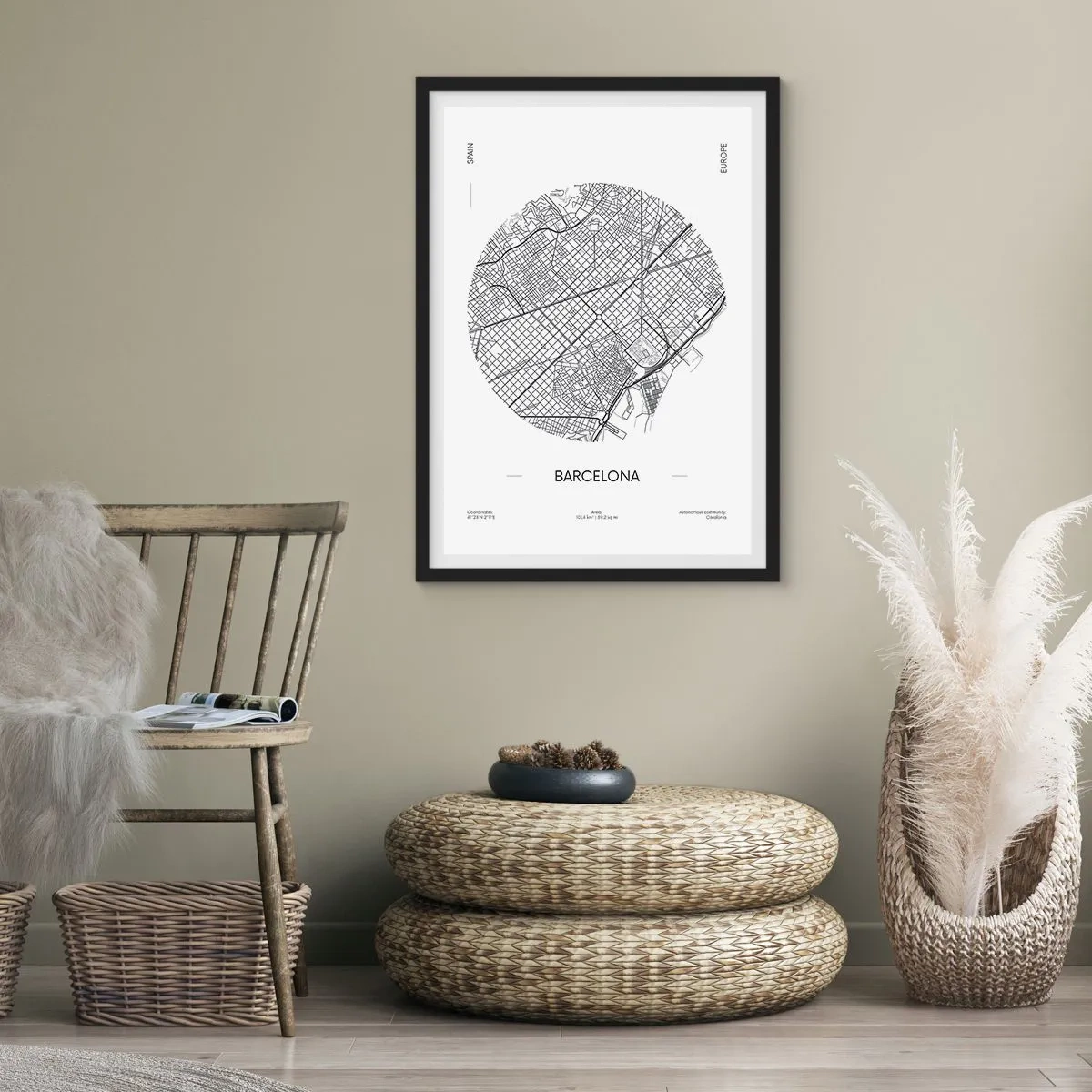 Poster în ramă neagră - O hartă minimalistă a Barcelonei, în alb și negru. - 50x70cm - Anatomia Barcelonei - Decorațiune modernă pentru perete pentru living și dormitor ARTTOR
