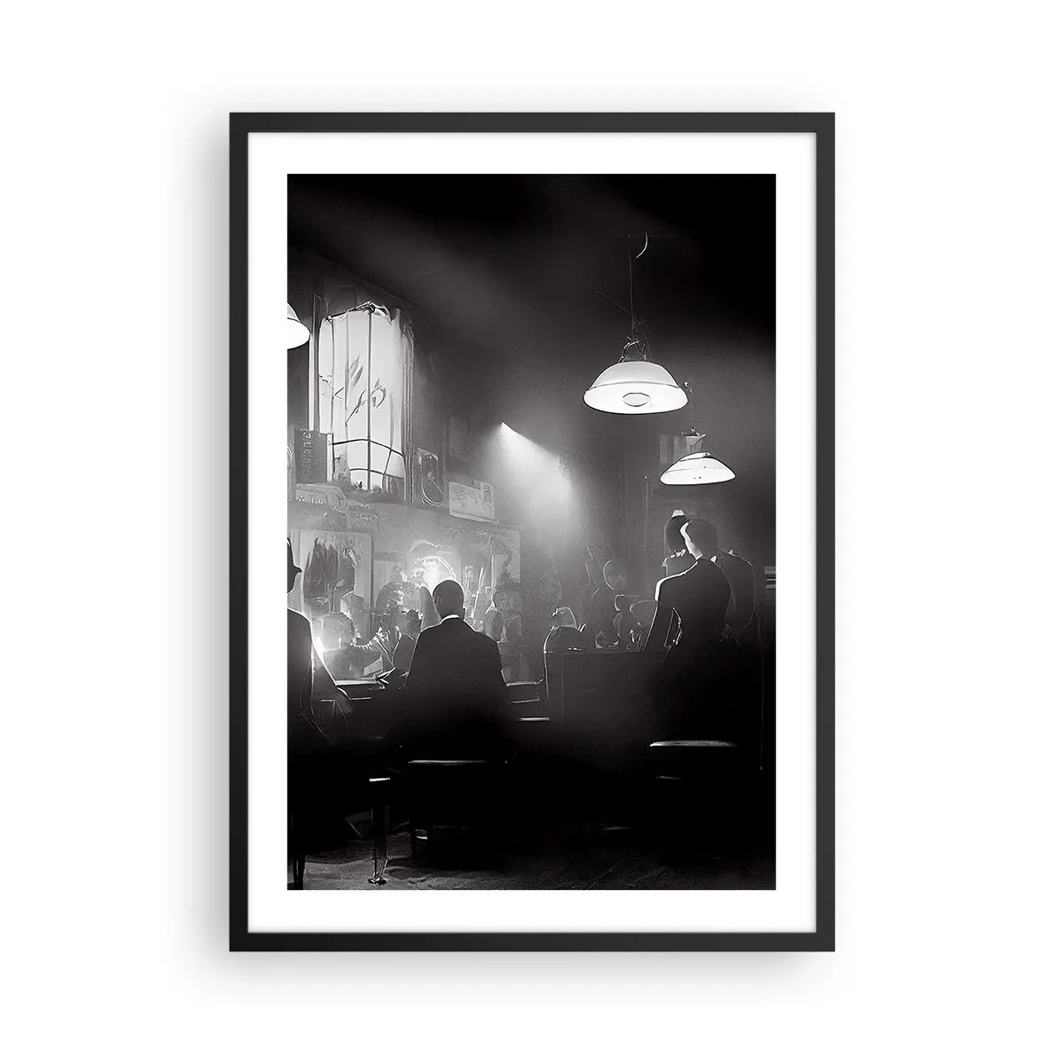 Poster în ramă neagră - O scenă alb-negru dintr-un club de noapte cu jazz atmosferic - 50x70cm - În stil jazz - Decorațiune modernă pentru perete pentru living și dormitor ARTTOR