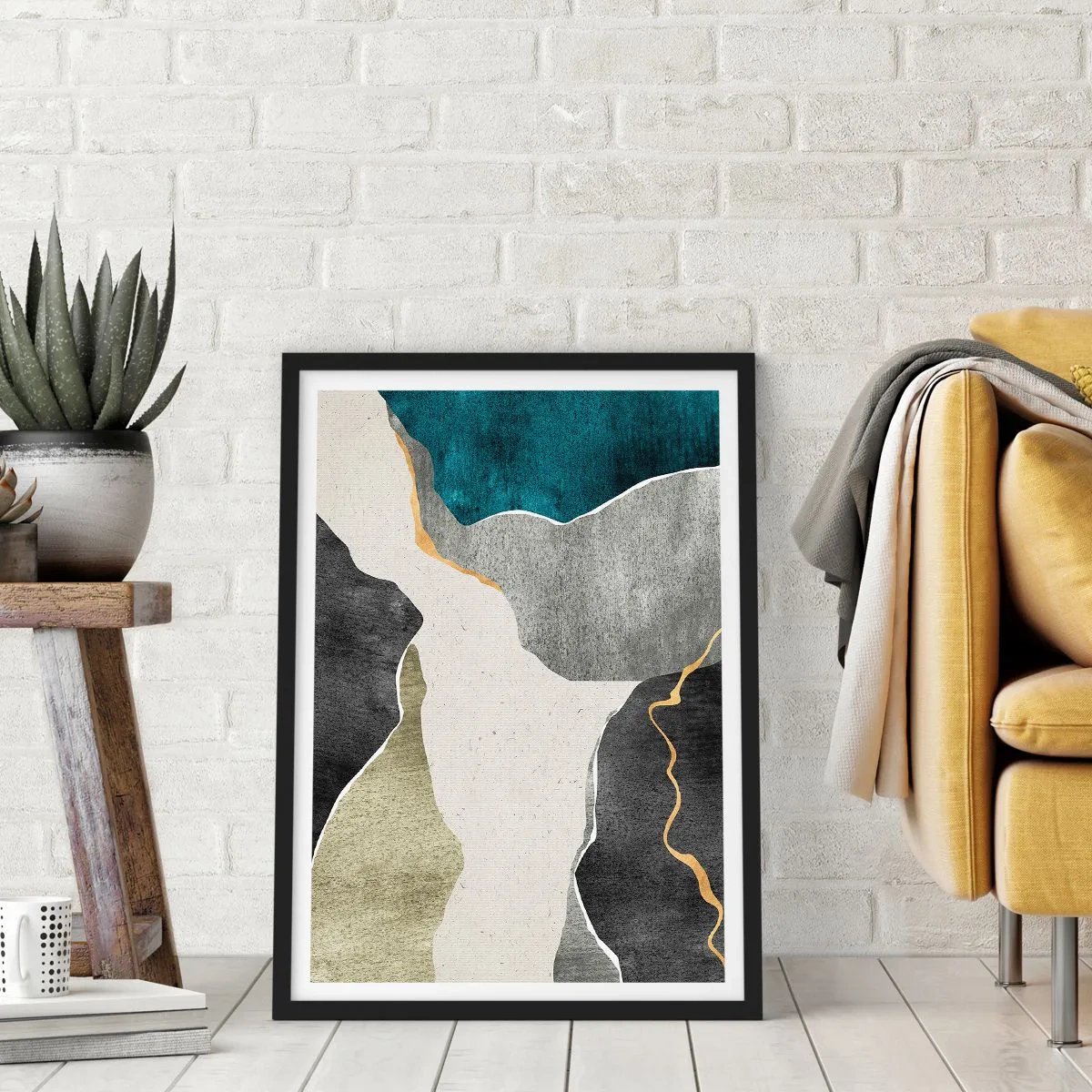 Poster în ramă neagră - Compoziție abstractă cu forme geometrice - 50x70cm - Compoziție mozaic cu fir de aur - Decorațiune modernă pentru perete pentru living și dormitor ARTTOR