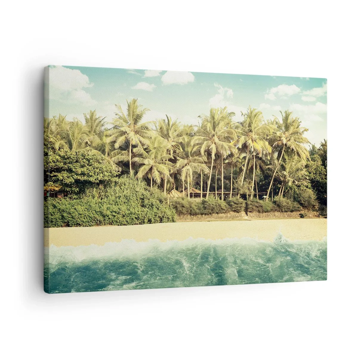 Tablou pe pânză Canvas - Plajă tropicală cu palmieri și mare turcoaz - 70x50cm - Ce zici de aici? - Decorațiune modernă pentru perete pentru living și dormitor ARTTOR