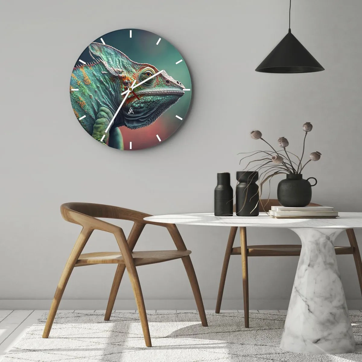 Ceas de perete - Ceas pe sticlă - Un prim-plan al unui cameleon colorat pe un fundal verde și roz. - 30x30cm - Mă poți vedea? Nu e bine... - Decorațiune modernă pentru perete pentru living, bucătărie și dormitor ARTTOR
