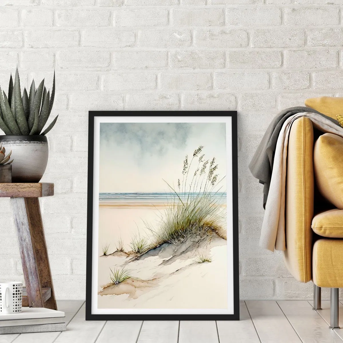 Poster în ramă neagră - Mângâiat de vânt - ierburi pe dunele de lângă plajă - 50x70cm - Răsfățate de vânt - Decorațiune modernă pentru perete pentru living și dormitor ARTTOR