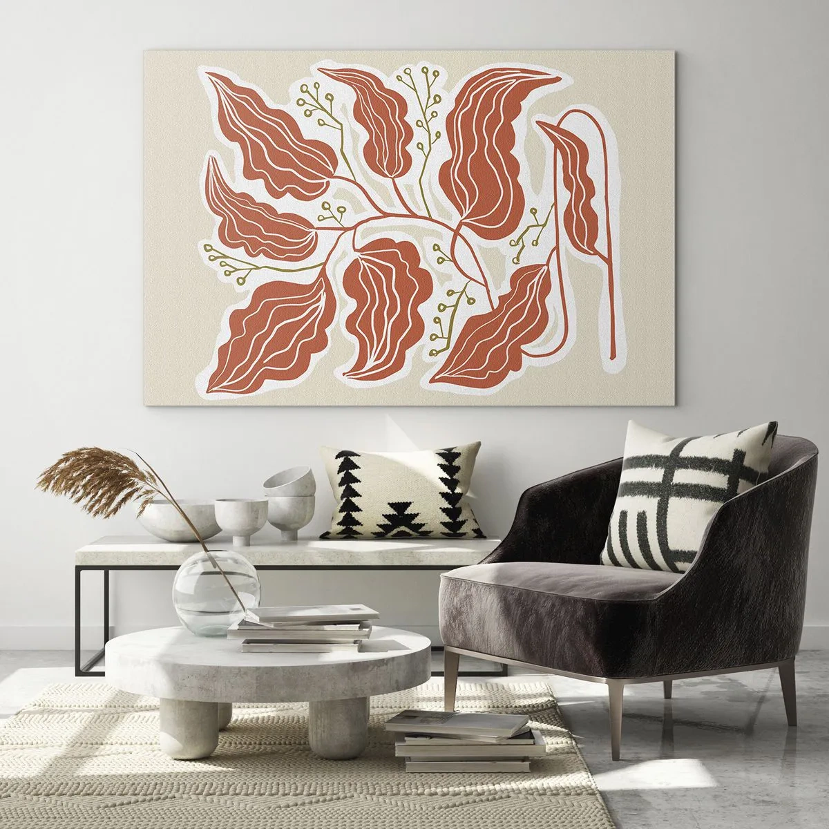 Tablou pe sticlă - Frunze de coral cu model popular pe fundal deschis - 70x50cm - Folk și coral - Decorațiune modernă pentru perete pentru living și dormitor ARTTOR