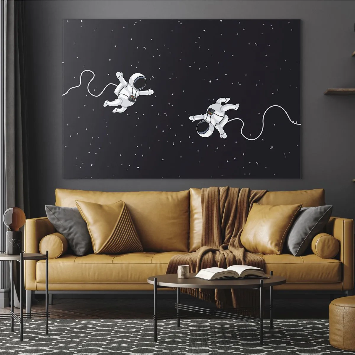 Tablou pe sticlă - Doi astronauți plutind în spațiu - 70x50cm - Dansul spațial - Decorațiune modernă pentru perete pentru living și dormitor ARTTOR