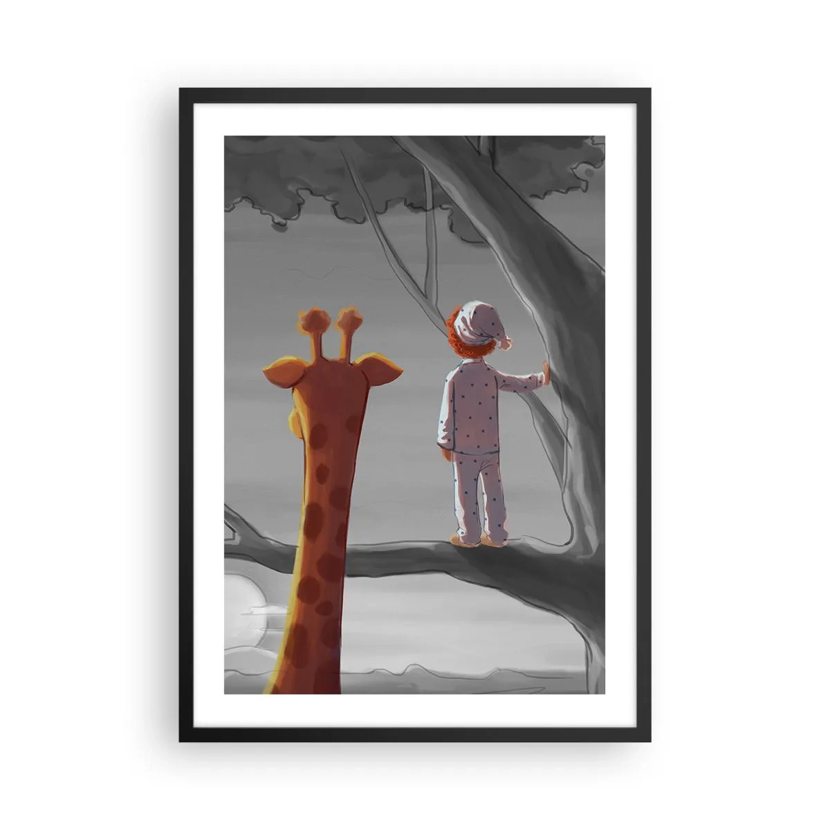 Poster în ramă neagră - Un băiat în pijamale și o girafă într-un copac, într-un peisaj gri și portocaliu. - 50x70cm - Acest lucru se întâmplă cu adevărat - Decorațiune modernă pentru perete pentru living și dormitor ARTTOR