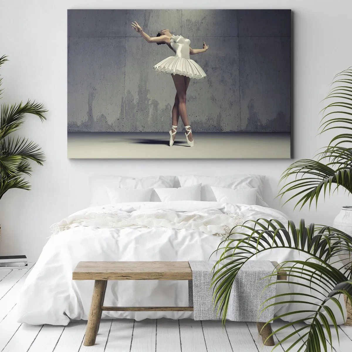Tablou pe pânză Canvas - O dansatoare de balet într-o rochie albă pe un perete brut. - 70x50cm - Ușoară ca o pasăre - Decorațiune modernă pentru perete pentru living și dormitor ARTTOR