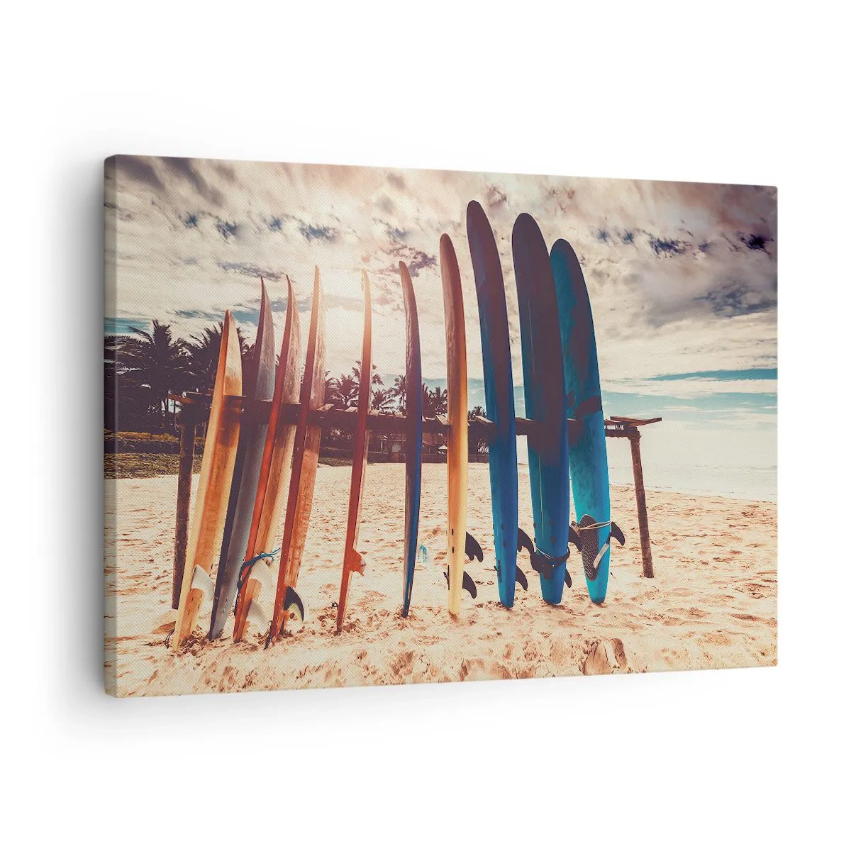 Tablou pe pânză Canvas - Plăci de surf pe plajă la apus - 70x50cm - Noapte bună, până mâine - Decorațiune modernă pentru perete pentru living și dormitor ARTTOR