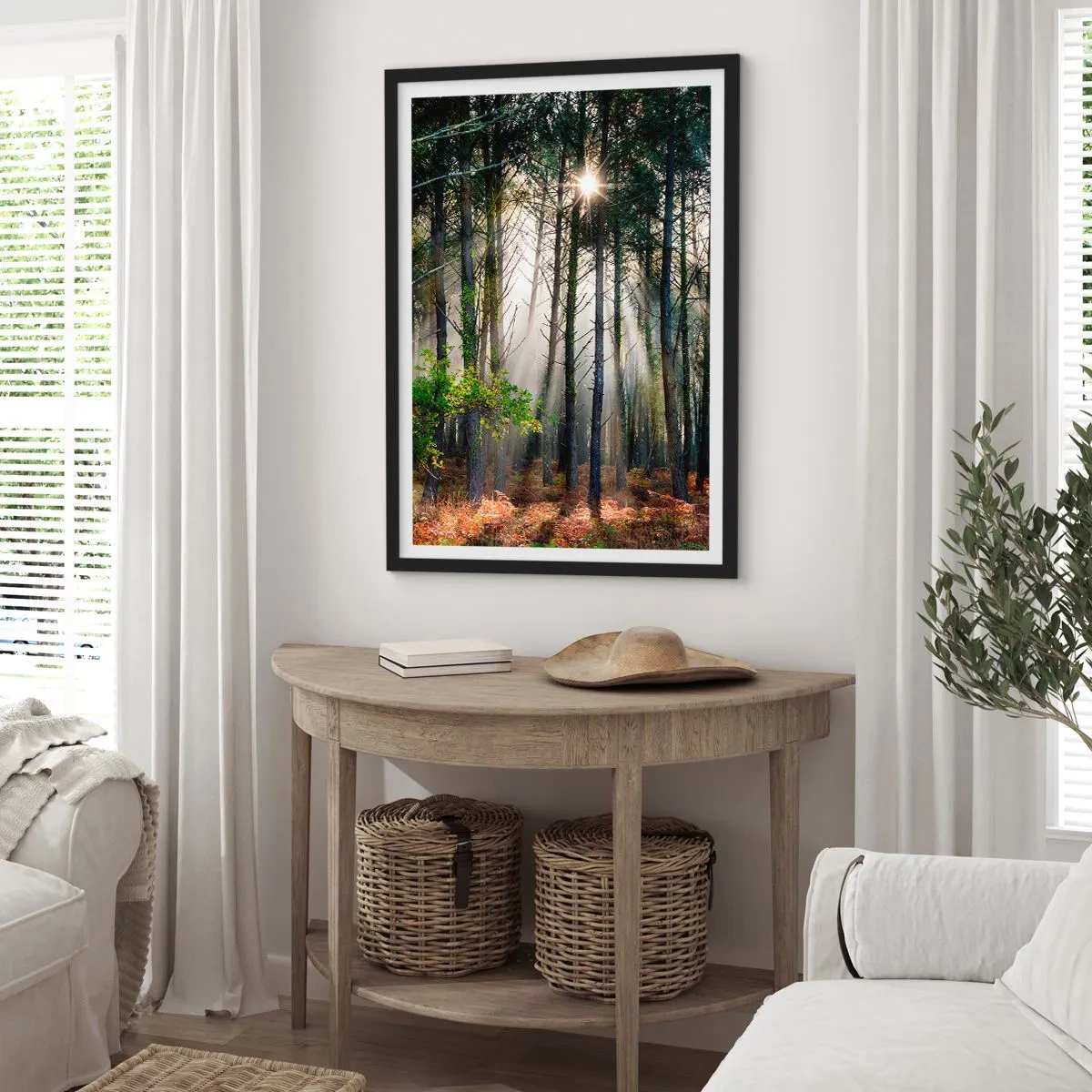 Poster în ramă neagră - Raze magice de soare în peisajul pădurii - 50x70cm - Pădure sălbatică - Decorațiune modernă pentru perete pentru living și dormitor ARTTOR