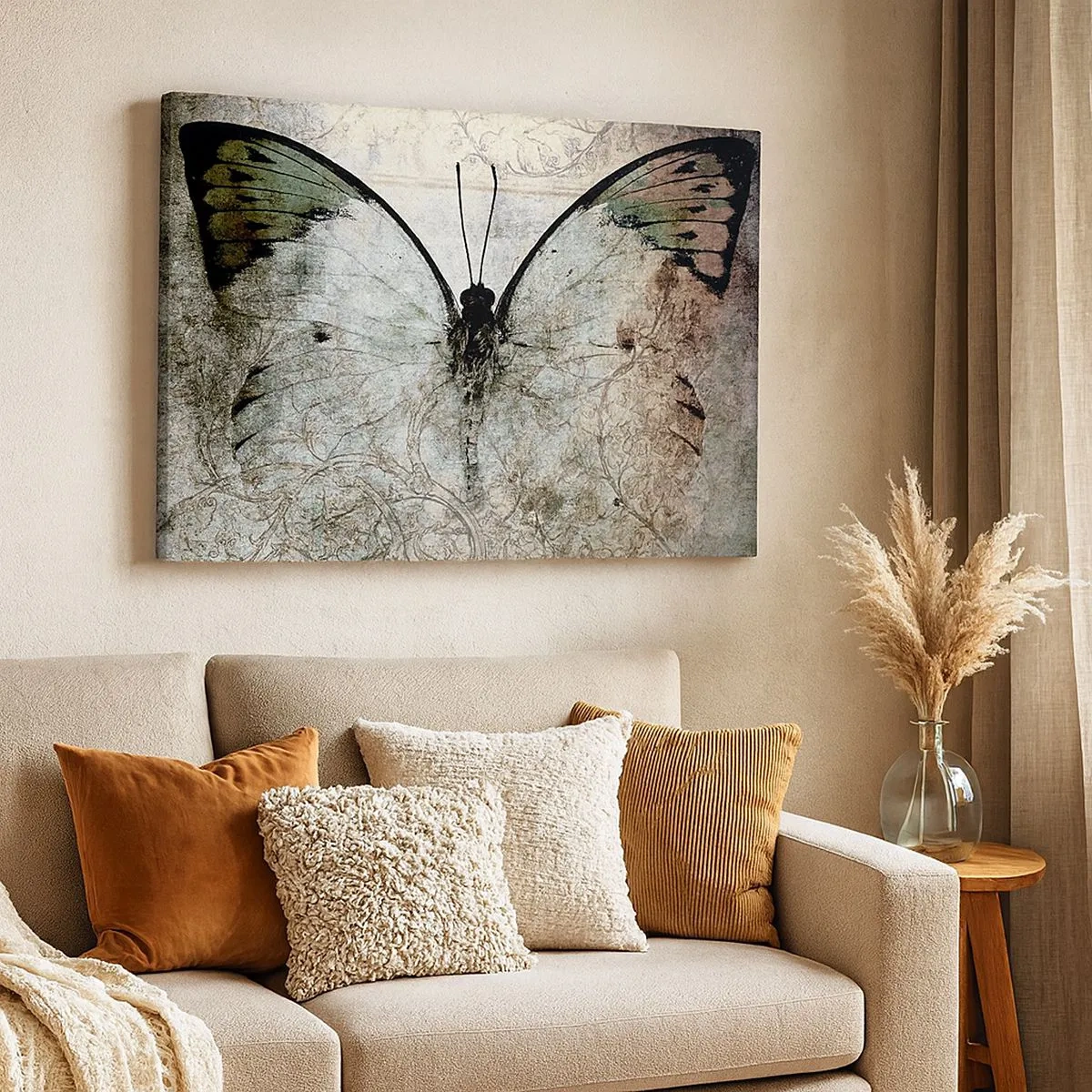 Tablou pe pânză Canvas - Un fluture în nuanțe de verde și gri pe un fundal decorativ - 70x50cm - În decorul Art Nouveau - Decorațiune modernă pentru perete pentru living și dormitor ARTTOR
