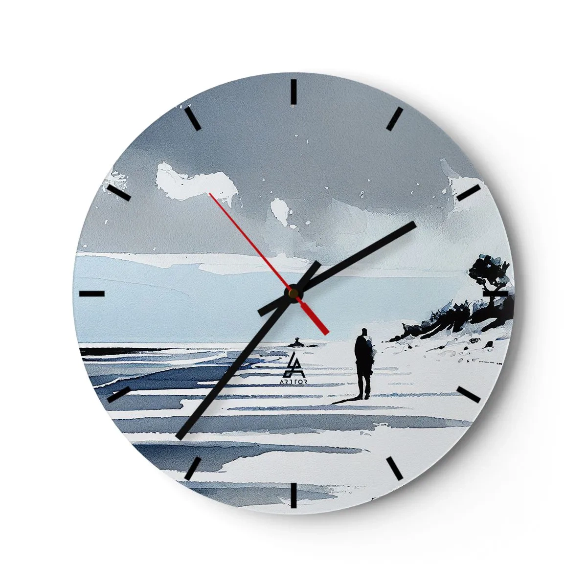 Ceas de perete - Ceas pe sticlă - Silueta unei persoane care merge singură pe plajă în tonuri de gri și albastru - 30x30cm - Singuratic - Decorațiune modernă pentru perete pentru living, bucătărie și dormitor ARTTOR