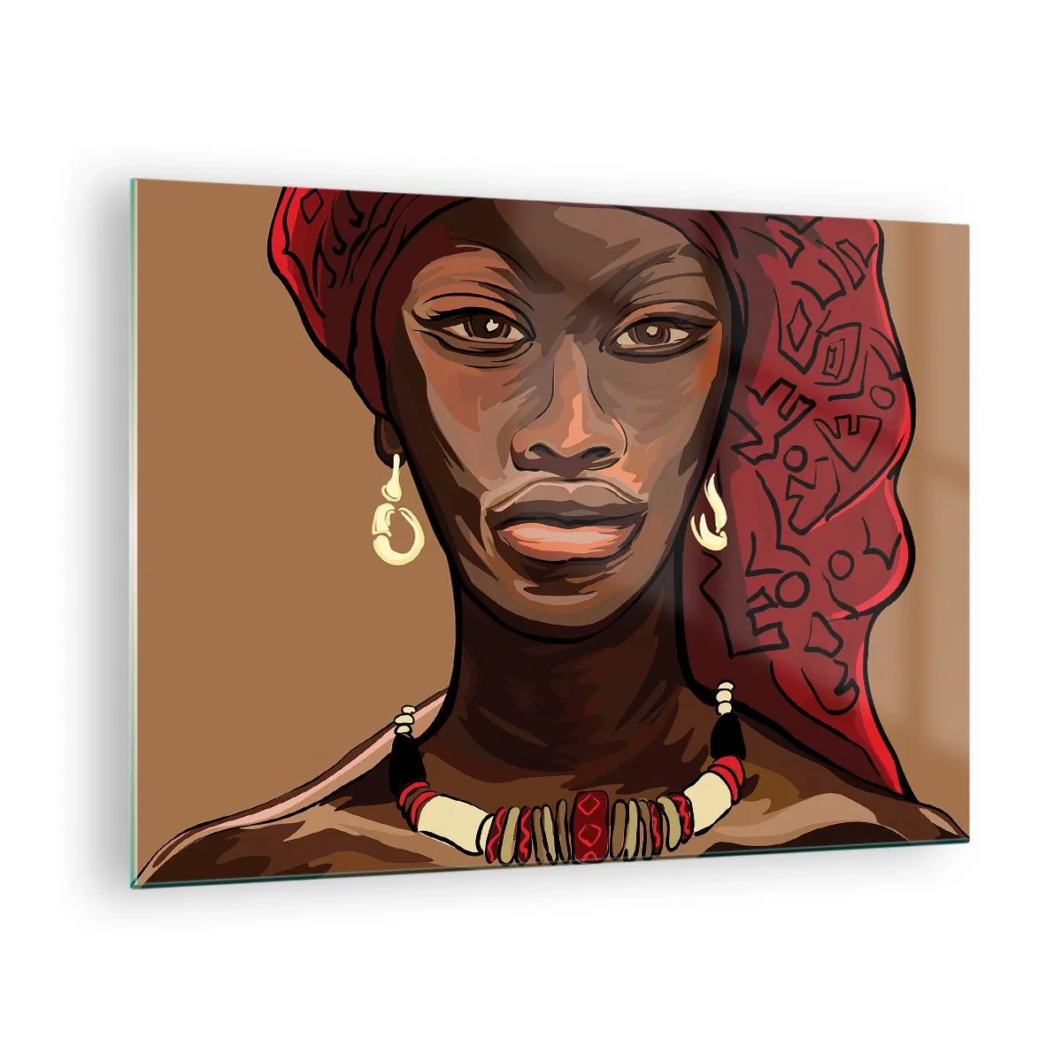 Tablou pe sticlă - Portret stilizat al unei femei într-un turban roșu cu bijuterii. - 70x50cm - Venus din abanos - Decorațiune modernă pentru perete pentru living și dormitor ARTTOR