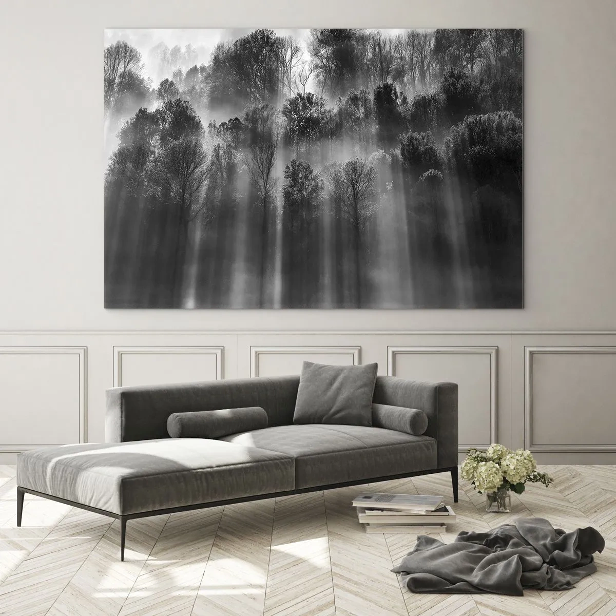 Tablou pe sticlă - Raze de lumină alb-negru care pătrund în pădure - 70x50cm - În fluxuri de lumină - Decorațiune modernă pentru perete pentru living și dormitor ARTTOR