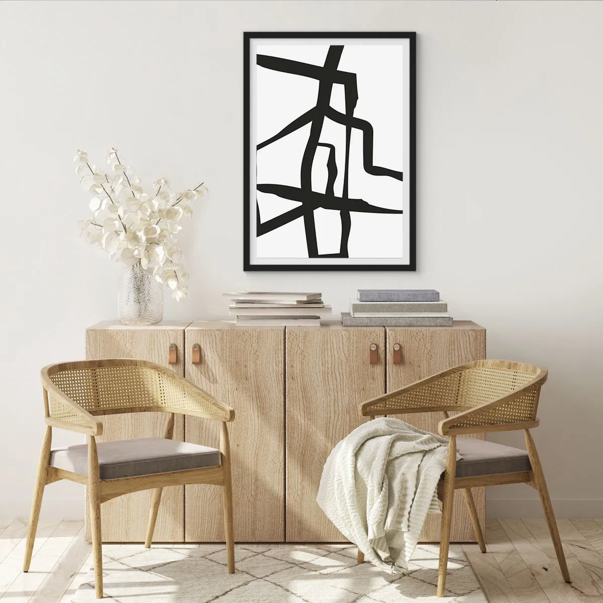 Poster în ramă neagră - Compoziție abstractă de linii negre pe fundal alb - 50x70cm - Construcție în alb și negru - Decorațiune modernă pentru perete pentru living și dormitor ARTTOR